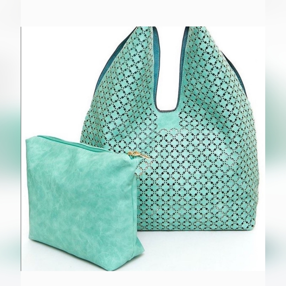 NWT LARGE Ana Laser Cut Vegan Shoulder Hobo Beach Bag Tote Turquoise 2pc